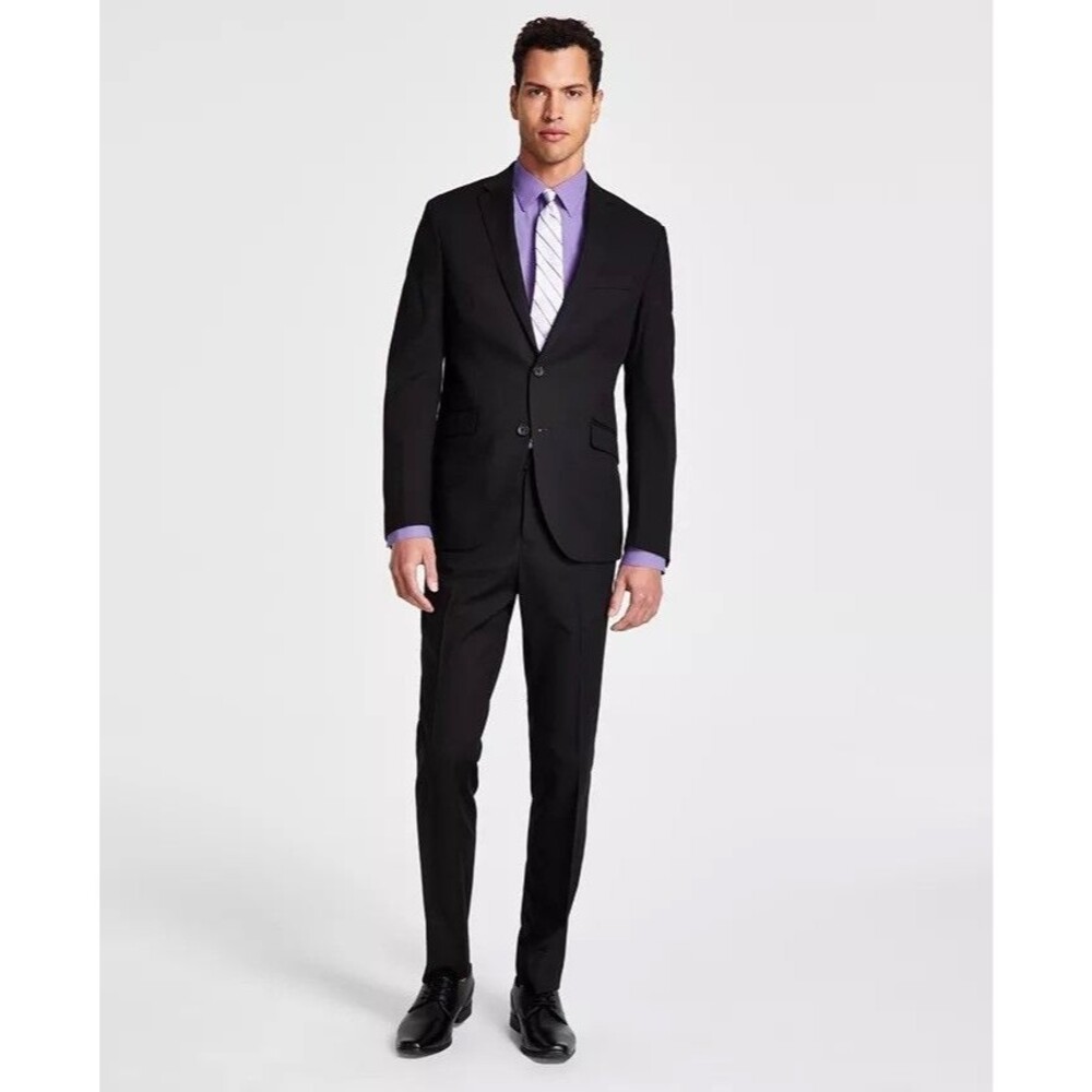 $395 NEW KENNETH COLE Mens 38R Solid Black Slim 2 Piece Suit W/Dress Pants 31x32
